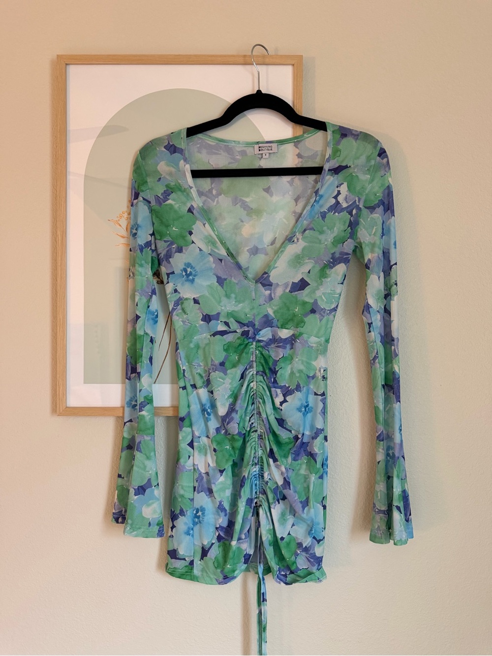 Beginning Boutique Green/Blue Floral Ruched Mini Dress with Bell Sleves